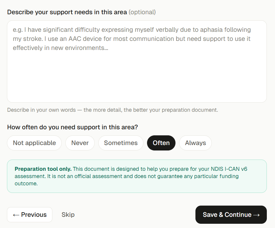 ICANReady assessment input interface showing guided questions for the Communication domain